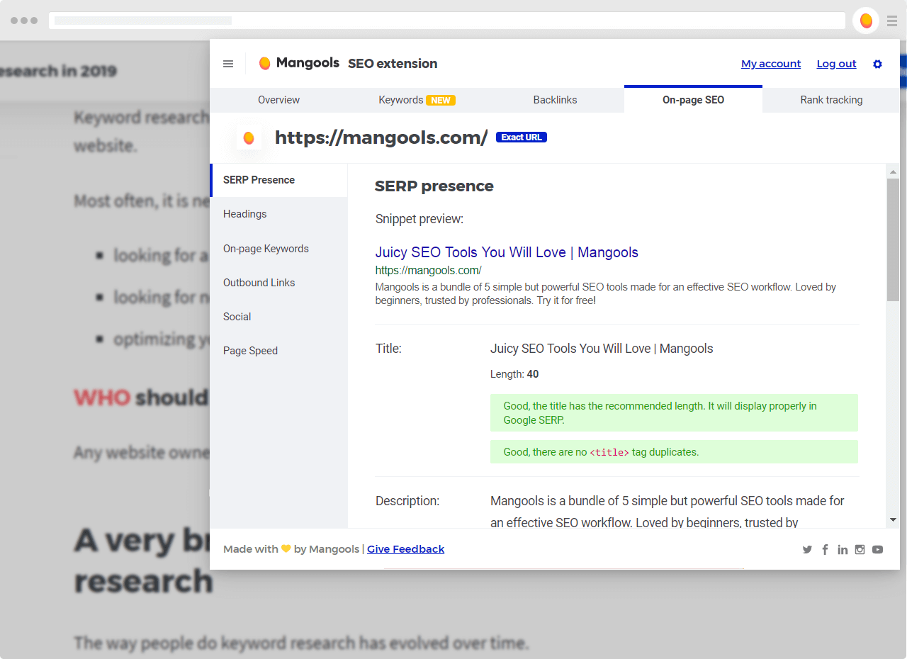 Screenshot of SEO extension by Mangools