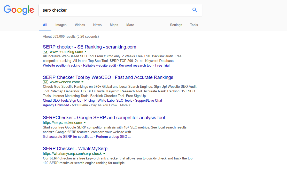 Google search for "serp checker" with ads in July 2018