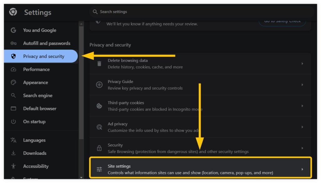 Click on the βPrivacy and securityβ tab and select βSite Settingsβ from the menu.