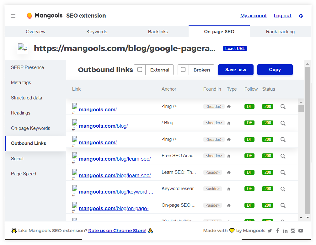 checking internal links via Mangools SEO extension - example