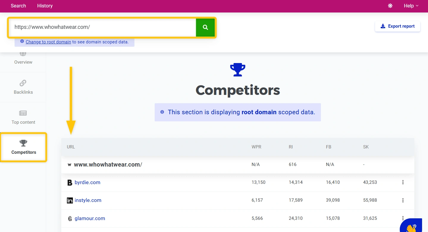 Checking the competitors in Google Search for the website whowhatehere.com via Mangools SiteProfiler - example