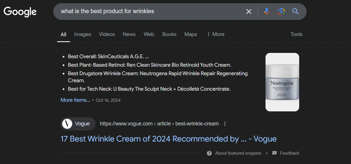 Example of featuted snippet in Google SERP