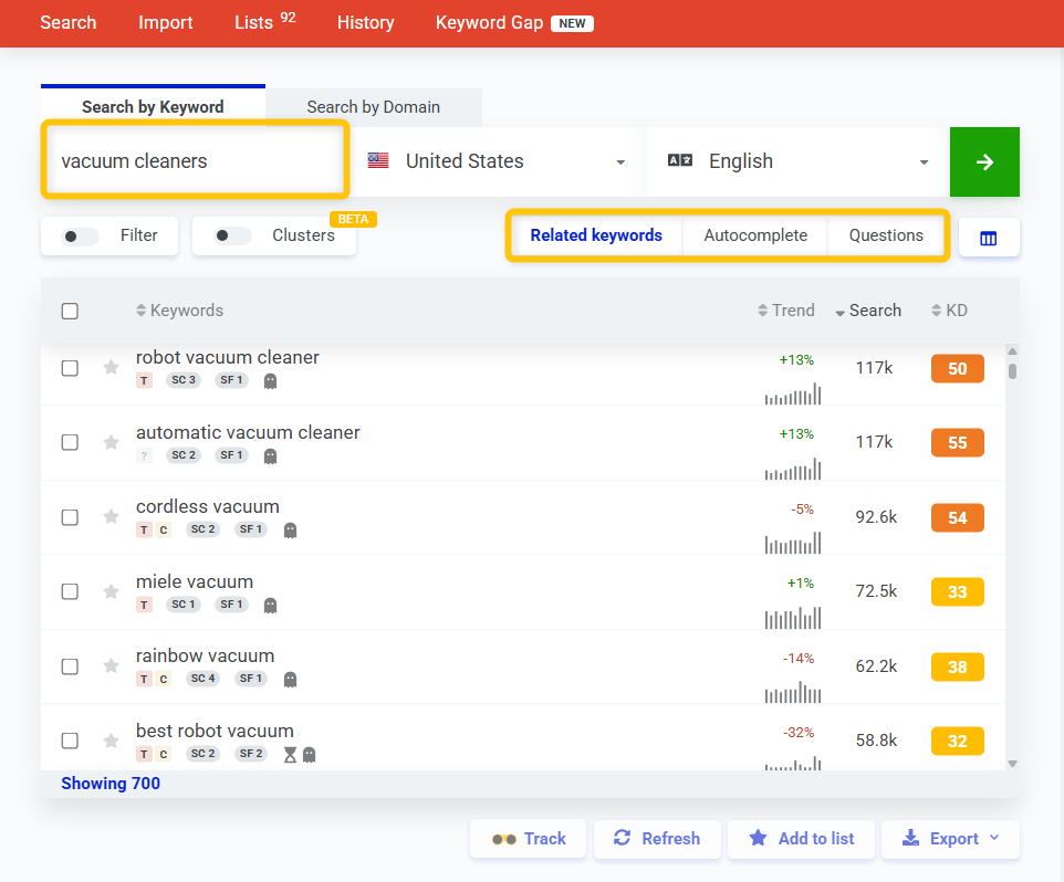Keyword difficulty in KWFinder for affiliate SEO - example