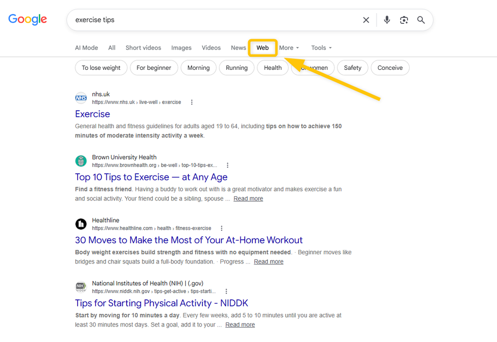 Google SERP with web tab - example